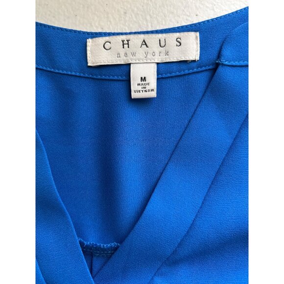 Chaus New York Bright Blue Polyester V Neck Tunic Blouse Size Medium Office Wear - Picture 3 of 6
